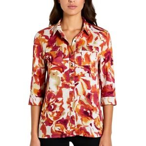JM Collection‎ Women 10 Linen Button Up Shirt Orange Pink Floral 3/4 Sleeve Top